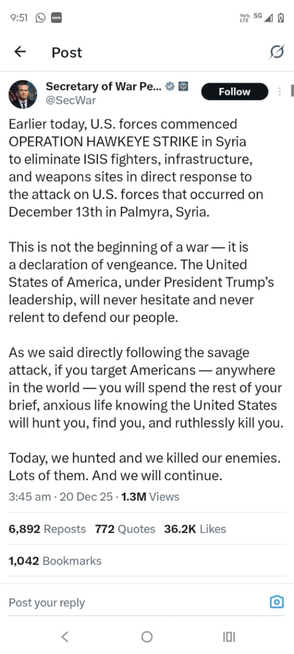 सिरियामा आईएसआईएसका 70 ठेगानाहरूमा अमेरिकाको हवाई हमला