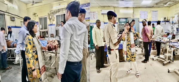 घायलों से बात करती, उनका हाल जानती हुईं ग्वालियर कलेक्टर रचिका चौहान