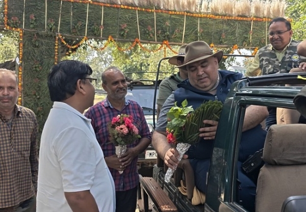 ओलंपियन नीरज चोपड़ा और गगन नारंग का बांधवगढ़ में सफारी के दौरान स्वागत करते हुए अधिकारी ओलंपियन नीरज चोपड़ा और गगन नारंग का बांधवगढ़ में सफारी के दौरान स्वागत करते हुए अधिकारी
