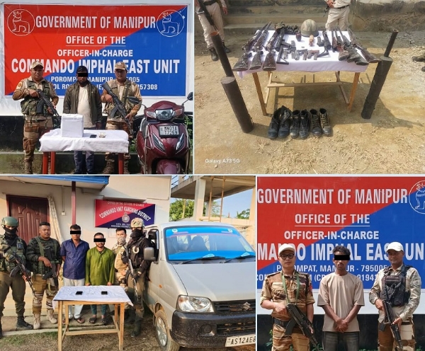 मणिपुरः पुलिस द्वारा विभिन्न अभियानों में गिरफ्तार उग्रवादी एवं बरामद सामग्री की तस्वीर
