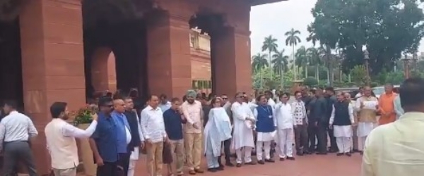 संसद परिसर के मकर द्वार पर प्रदर्शन करते विपक्षी सांसद।