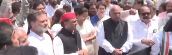 संसद परिसर के मकर द्वार पर प्रदर्शन करते विपक्षी सांसद।