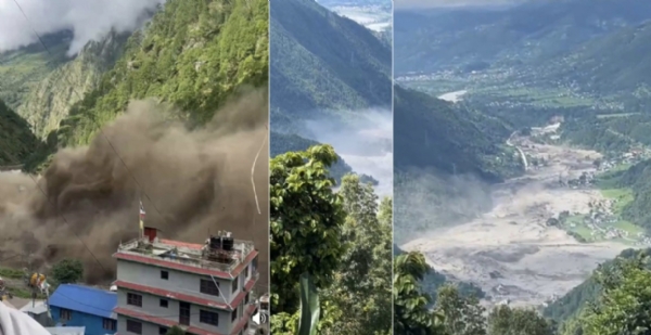 नेपाल में रसुवा में बाढ़ से हुई तबाही के दृश्य