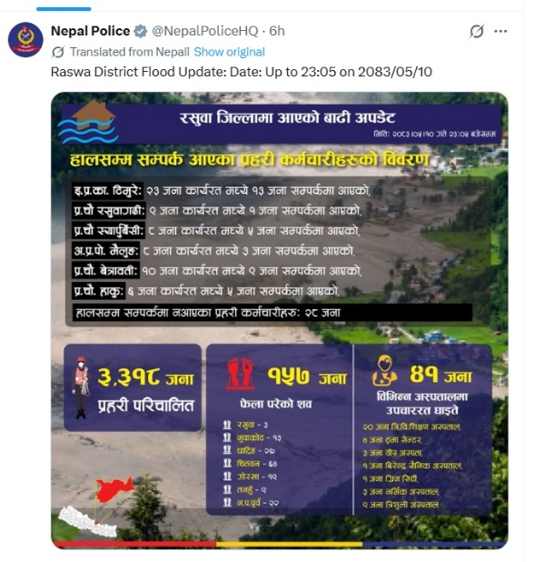 नेपाल पुलिस की एक्स पोस्ट में दिया गया बाढ़ का अपडेट