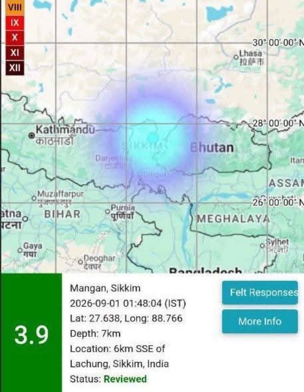 मङ्गनमा ३.९ तीव्रताको भूकम्प मङ्गनमा ३.९ तीव्रताको भूकम्प
