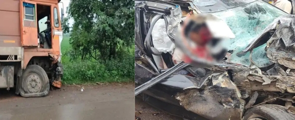 ट्रक-कार की भिड़ंत में क्षतिग्रस्त कार